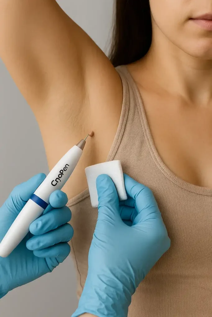 woman having cryopen to remove underarm skin tags Thame