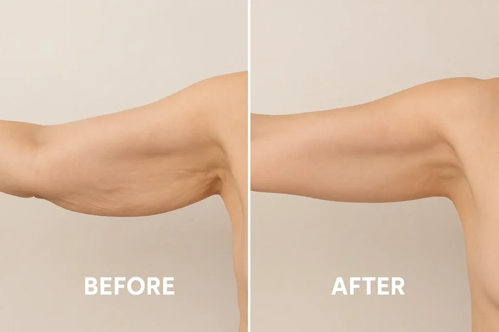 Picture of LA LIPO Thame before and after results of skin tightening treatment on the upper arms.