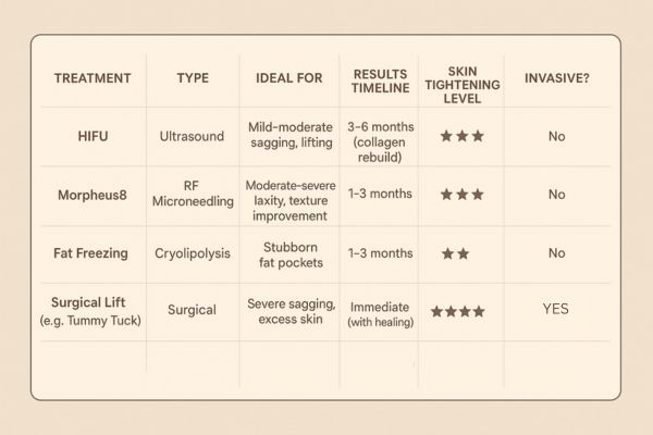 Table showing the comparisons of Skin tightening Thame treatment options.